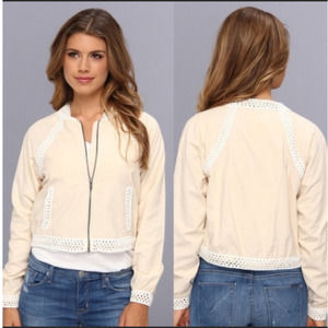 Free People Crochet Cream Baseball Bomber Jacket size medium